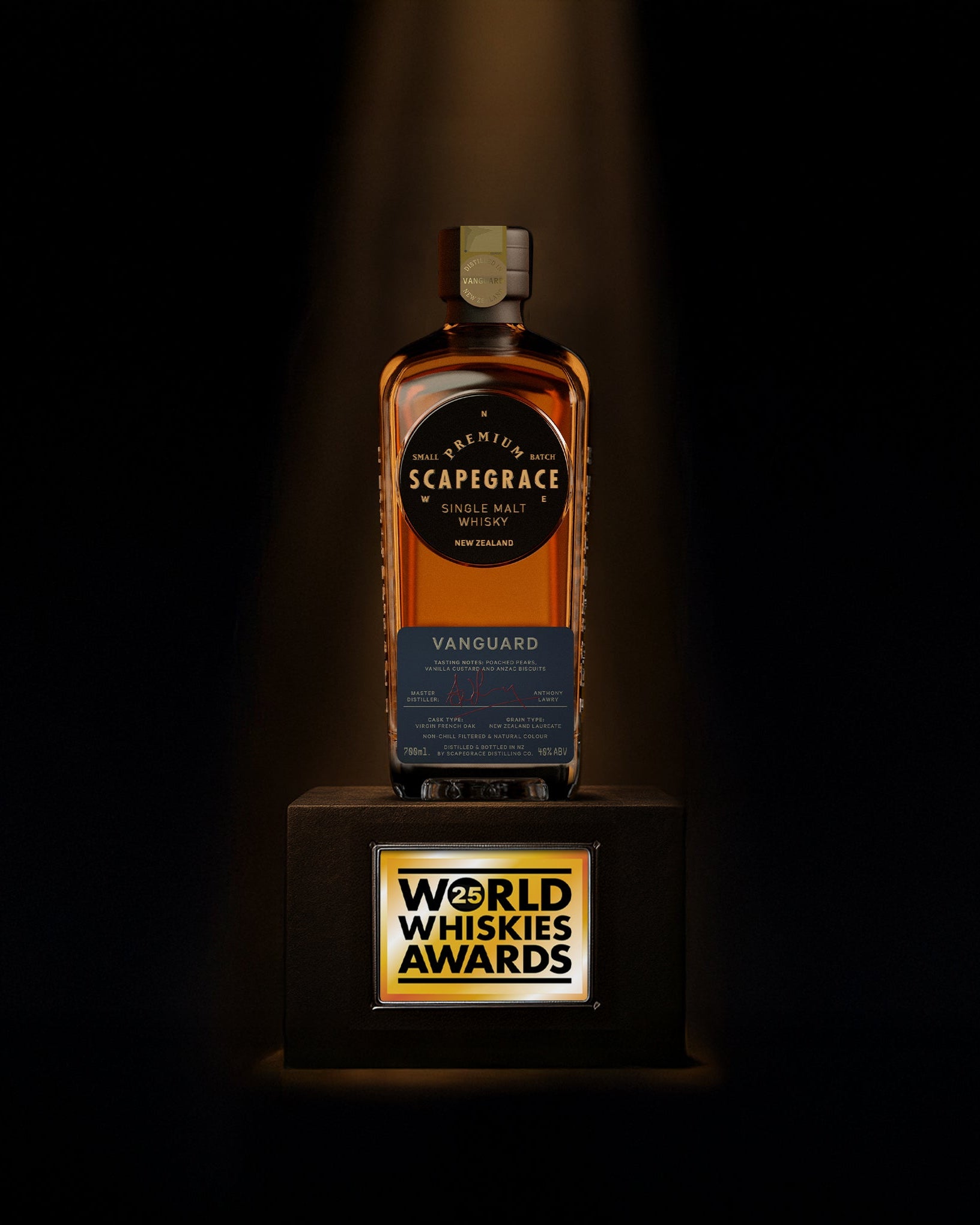 Bottle of Scapegrace whisky on a stand with 